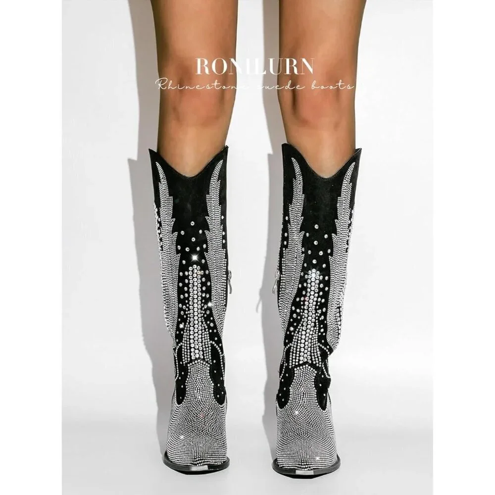 Women Polyurethane Black Knee High Pointed Toe Chunky Heel Rhinestone Boot